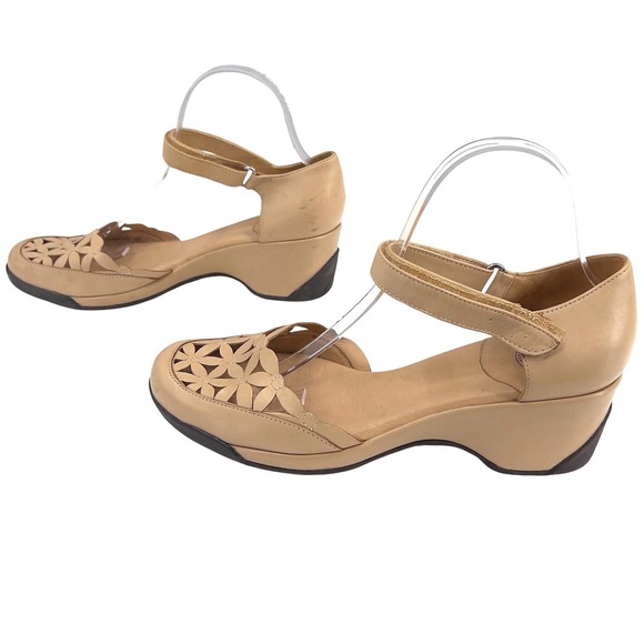 Nurture Shoes - Nurture Women's Leather Ankle Strap Shoes Tan Floral Laser Cut Wedge 9M